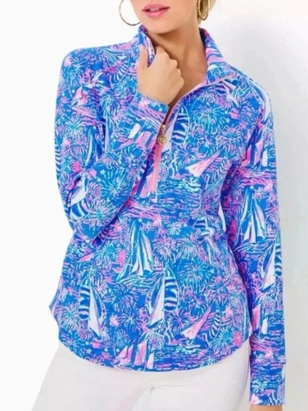 NWT Lilly Pulitzer 50+ Skipper Popover Pullover Boca Blue Half Zip Jacket L